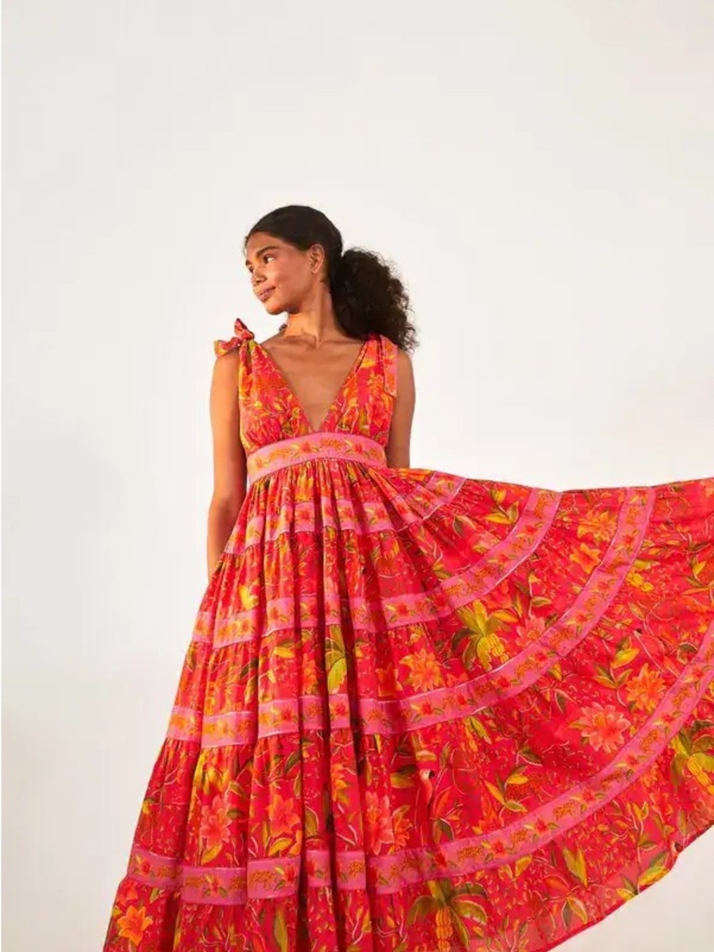 Farm Rio Solar Forest Floral V‑Neck Tiered Maxi Dress Bright Pink NWT XL - Picture 2 of 7